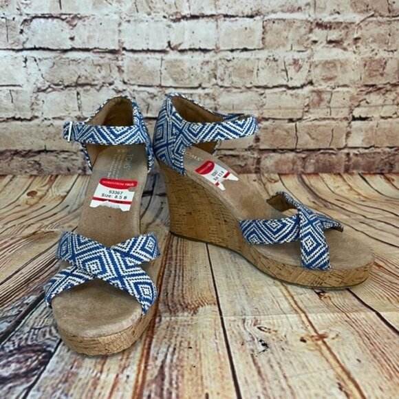 New Toms Blue & White Espadrille Cork Wedge sz 8.5 - Picture 2 of 7